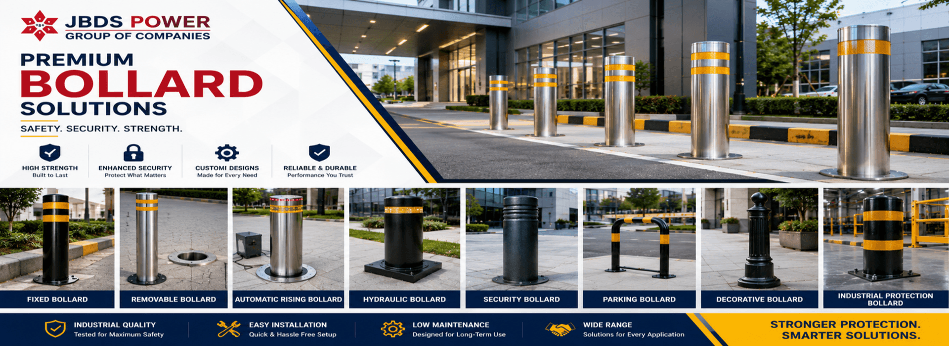 Premium stainless steel security bollards installed outside commercial building